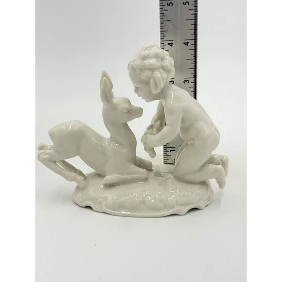 Hutschenreuther Kunstabteilung Putto w/Fawn German Porcelain Figurine Vtg 4”H